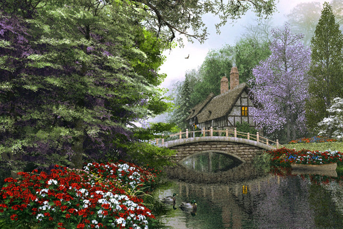 №182291 - природа, мост, река, картина, дом, пейзаж - оригинал