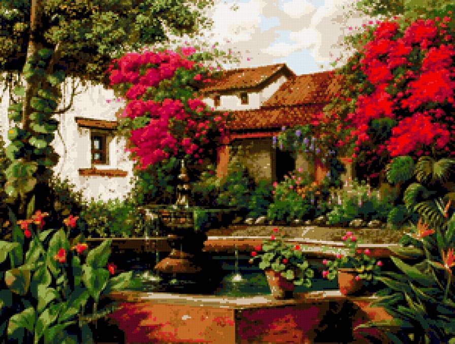 №183078 - дворик, дом, фонтан, картина, цветы - предпросмотр
