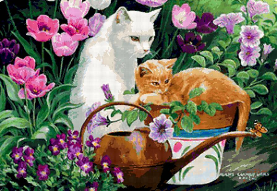 Кошечка с цветами - тюльпаны, животные, кошки в цветах, цветы, кот, кошка - предпросмотр