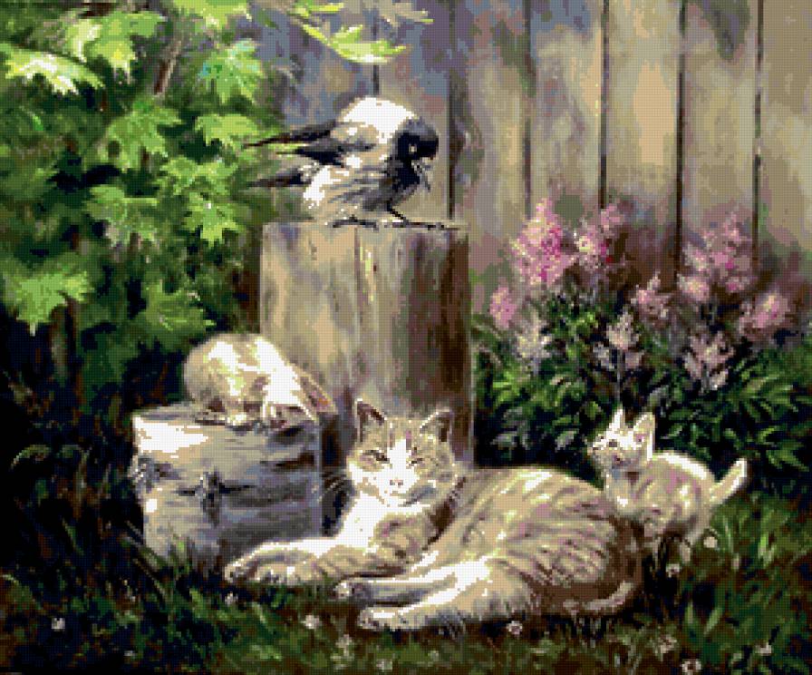мама кошка и котята - котята, ворона, животные, листья, пеньок, цветы, забор, кошка - предпросмотр