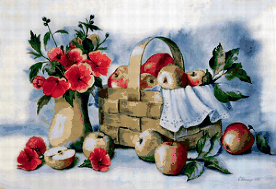натюрморт с яблоками - натюрморт, цветы, ваза, лукошко, яблоки, букет - предпросмотр