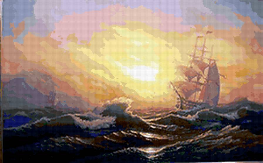 корабль на шштормящем море - море, шторм, волна, парусник, корабль, пейзаж - предпросмотр
