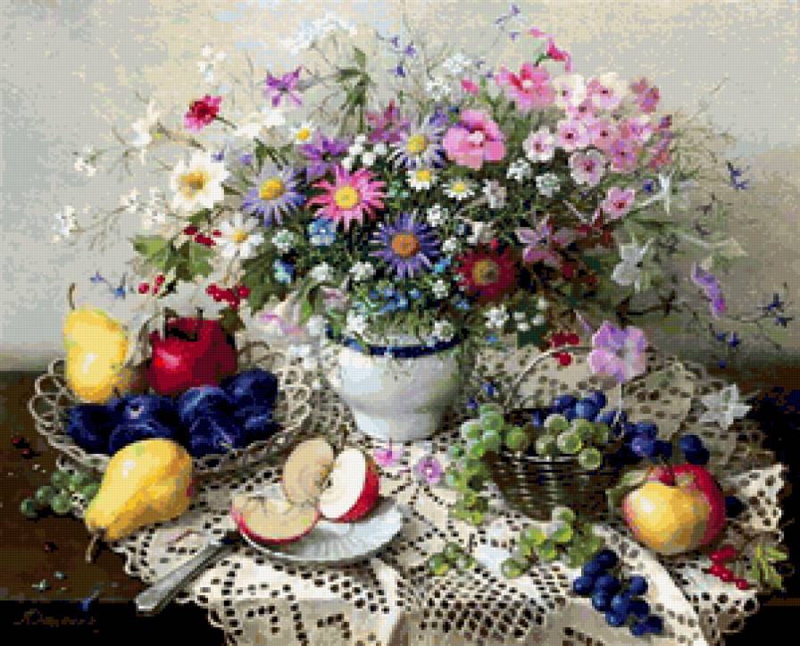 Натюрморт с цветами - картина, виноград, фрукты, ягоды, натюрморт, яблоки, цветы - предпросмотр