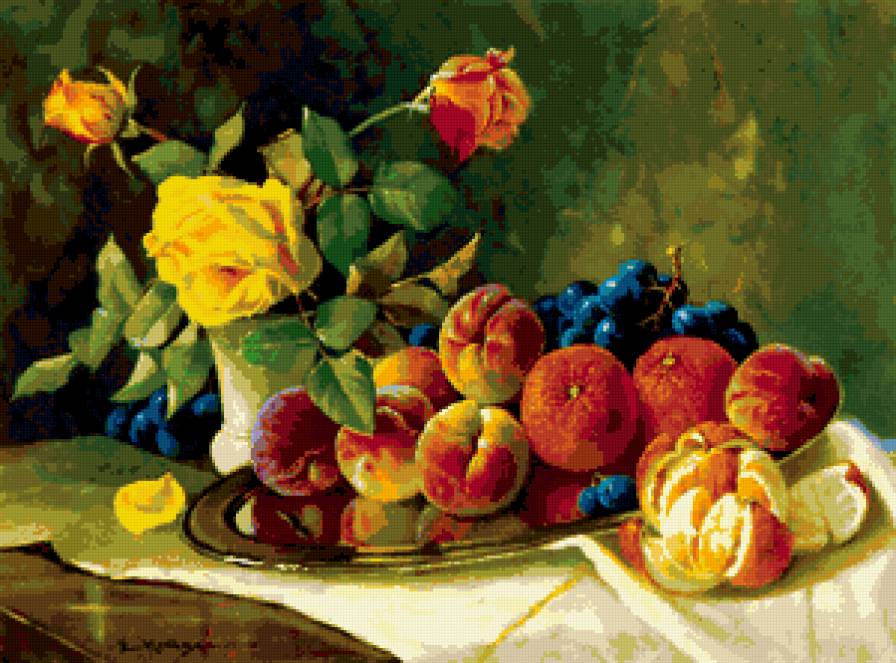 Натюрморт с фруктами - фрукты, натюрморт, цветы, картина - предпросмотр