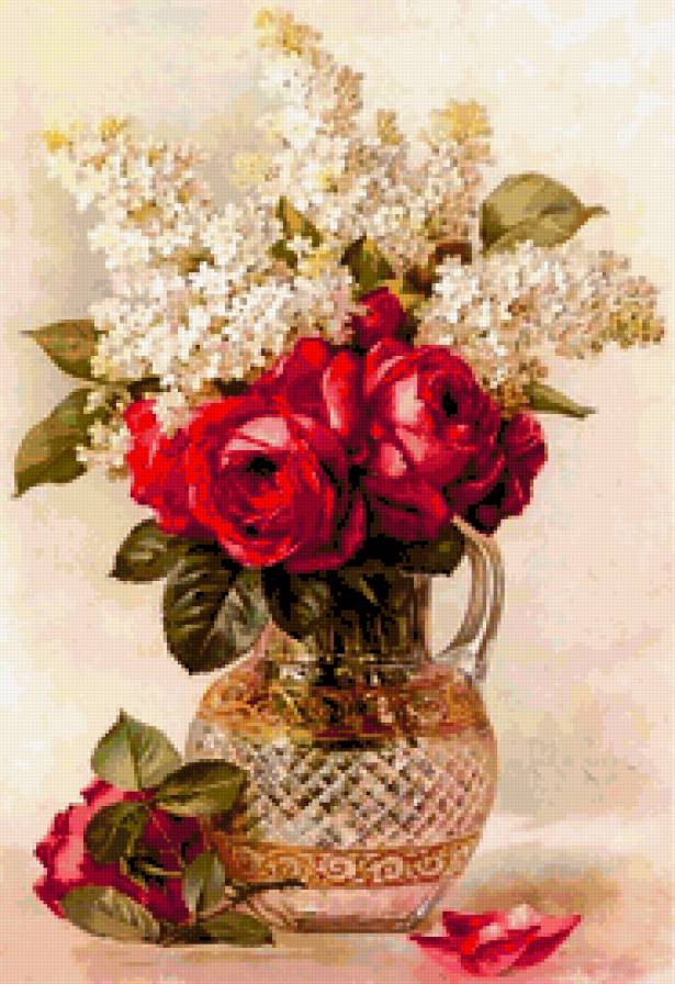 Сирень и розы - цветы в вазе - предпросмотр