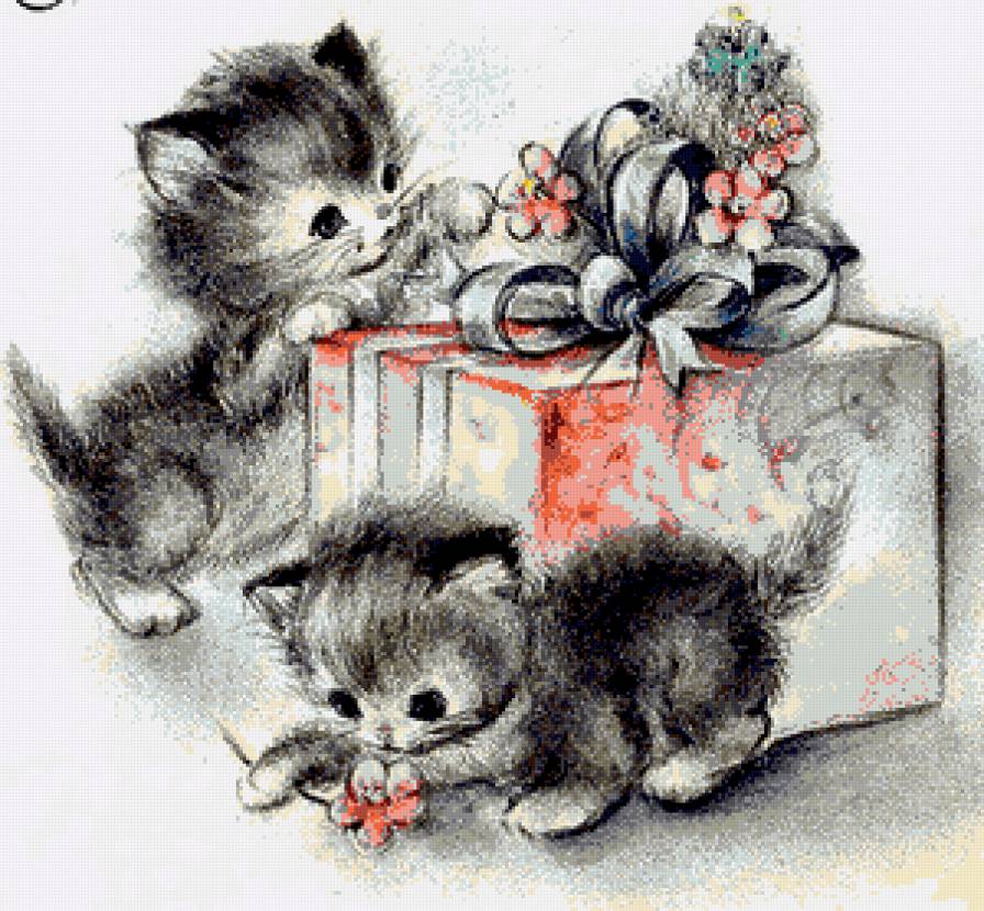 Шалуны - котята, рождество, кошки, малыши, ретро, подарок - предпросмотр