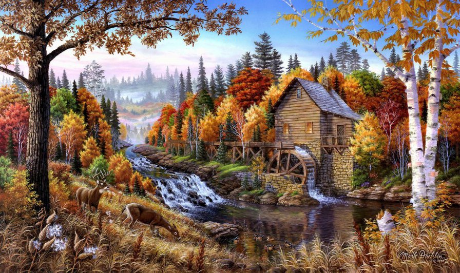 Осень,времена года - дом, осень, речка, лес - оригинал