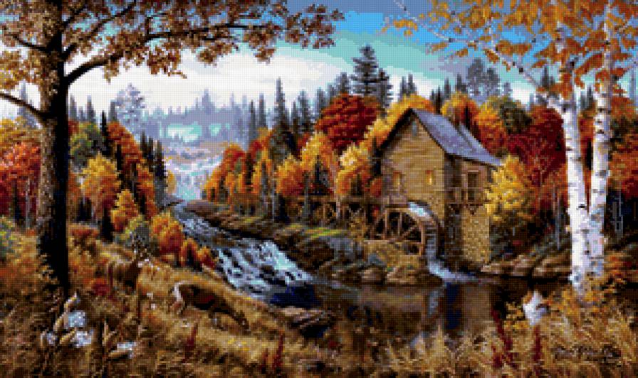 Осень,времена года - речка, осень, лес, дом - предпросмотр