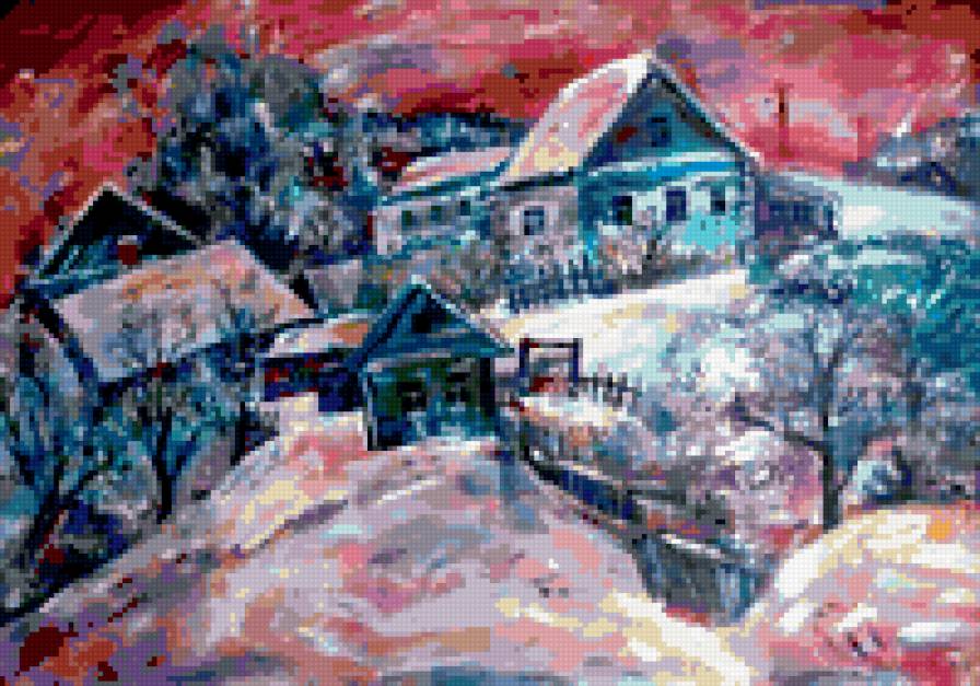 зима - картина, деревня, пейзаж - предпросмотр