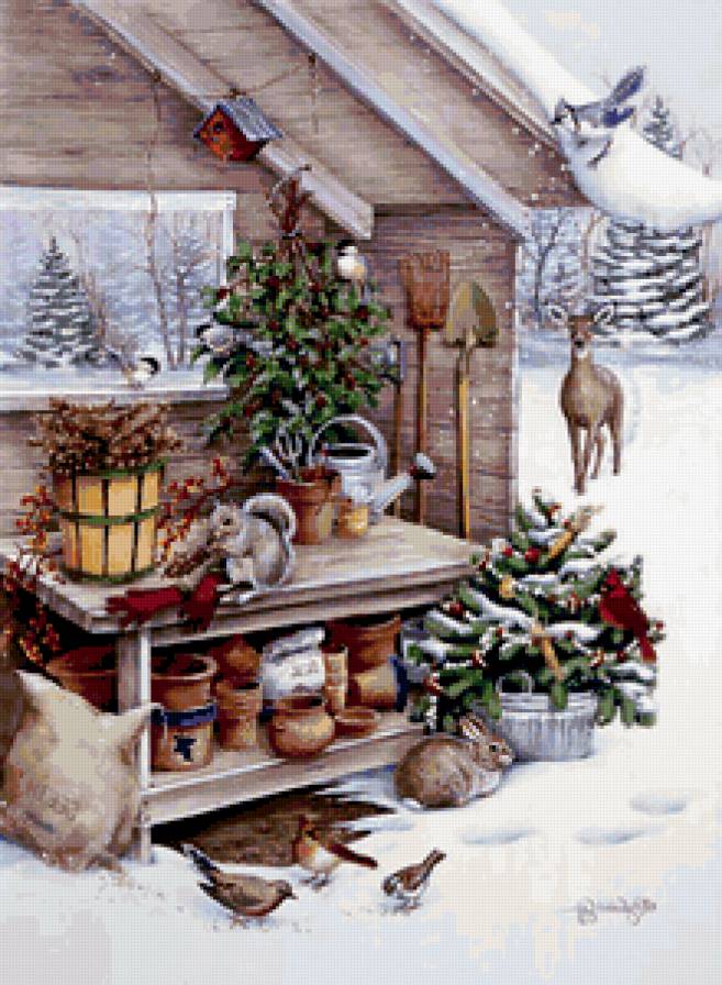 зима - зима, дом, елка, птицы, снег - предпросмотр
