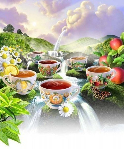 на кухню - чай, цветы, фрукты, чашка - оригинал