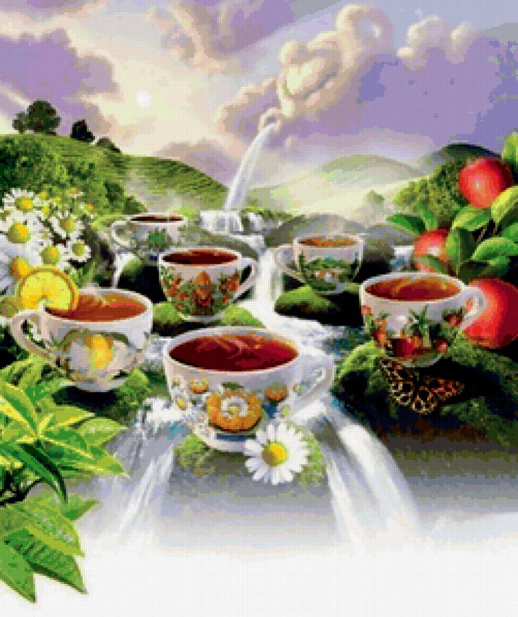 на кухню - цветы, чай, чашка, фрукты - предпросмотр