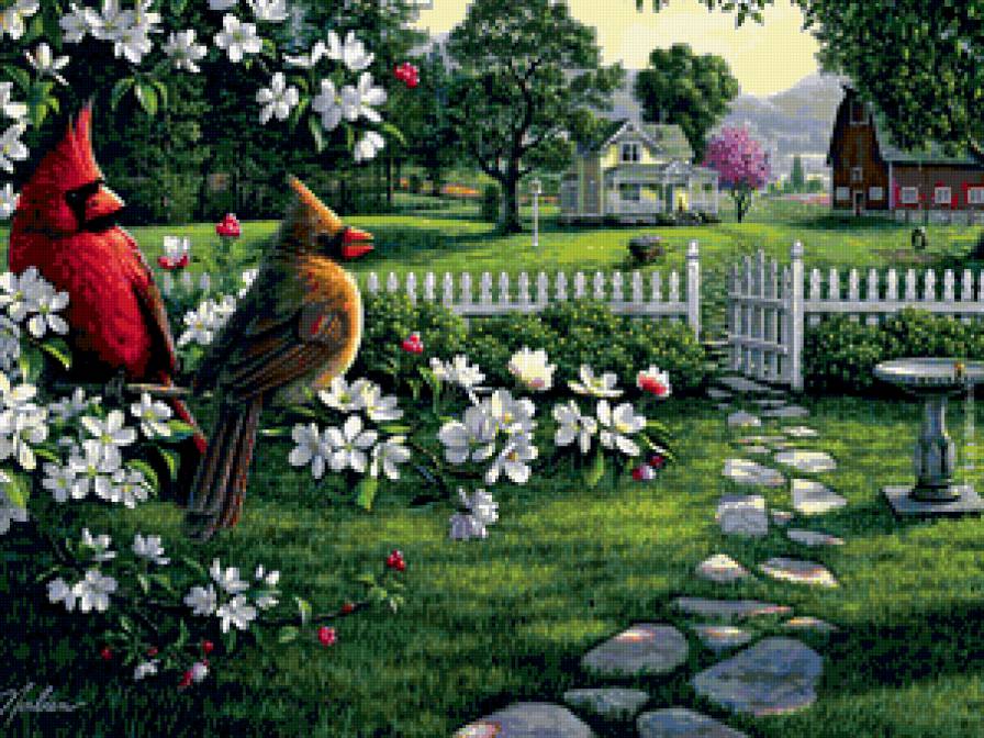 весна.времена года - сад, калитка, дом, цветы, птицы - предпросмотр
