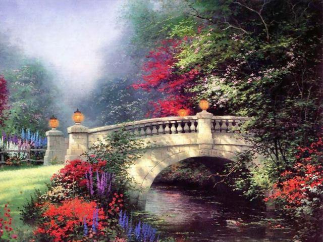 пейзаж - озеро, картина, парк, природа, мост - оригинал
