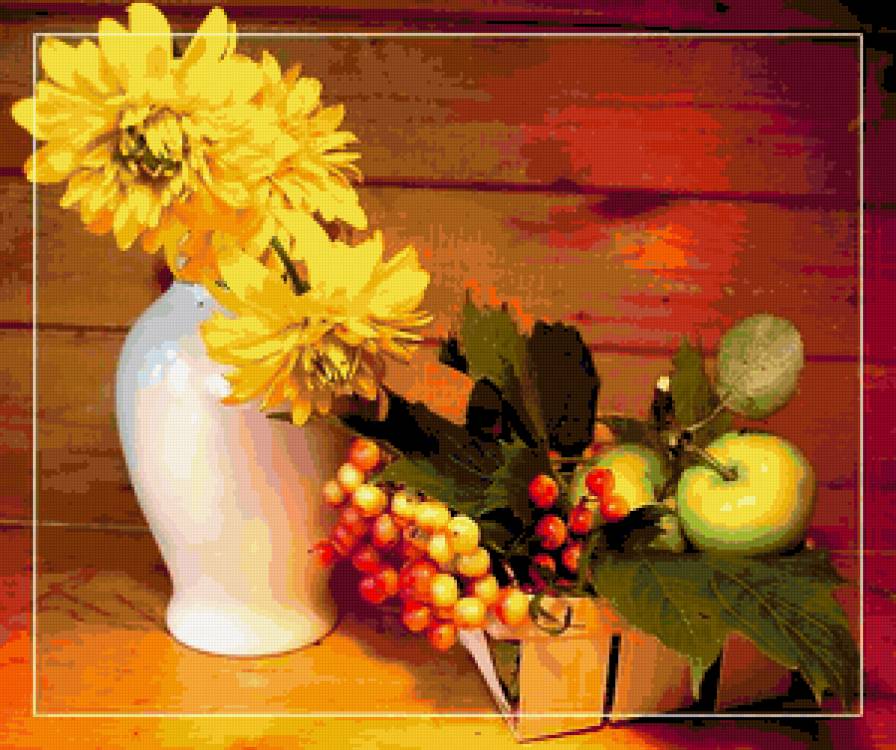 Натюрморт с цветами - яблоки, ягоды, натюрморт, фрукты, цветы, картина - предпросмотр