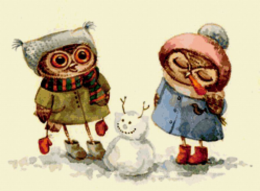 совята - дружба, снежная баба, совы, зима - предпросмотр