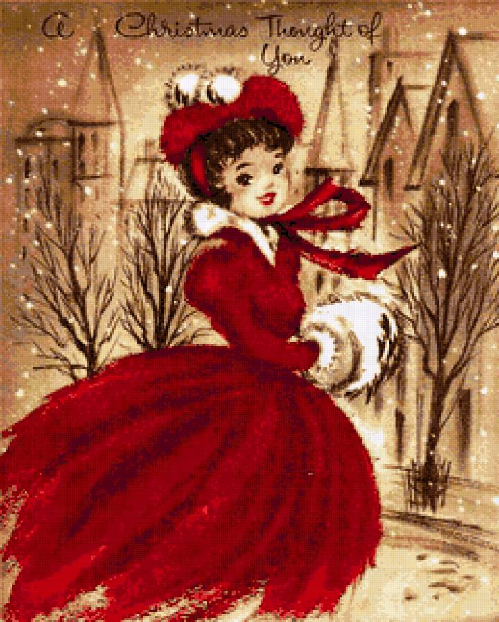 Рождественская открытка - зима, девушка, природа, красавица, дама, рождество, снег, ретро - предпросмотр