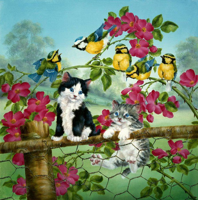 Коты - кот, птицы, цветы - оригинал