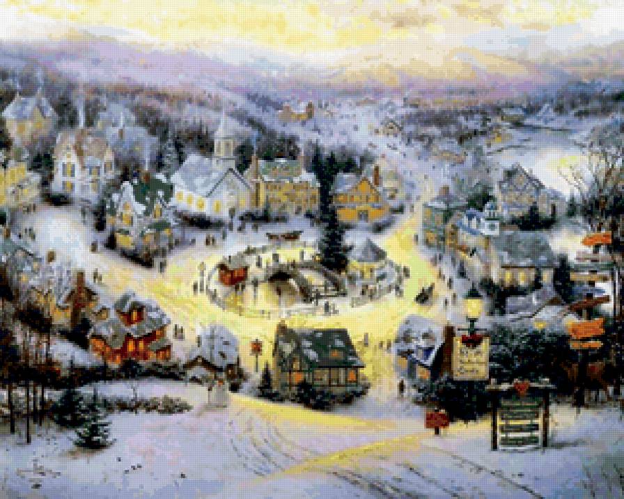 Праздник Света от Томаса Кинкейда (Thomas Kinkade) - домики, картина, зима - предпросмотр