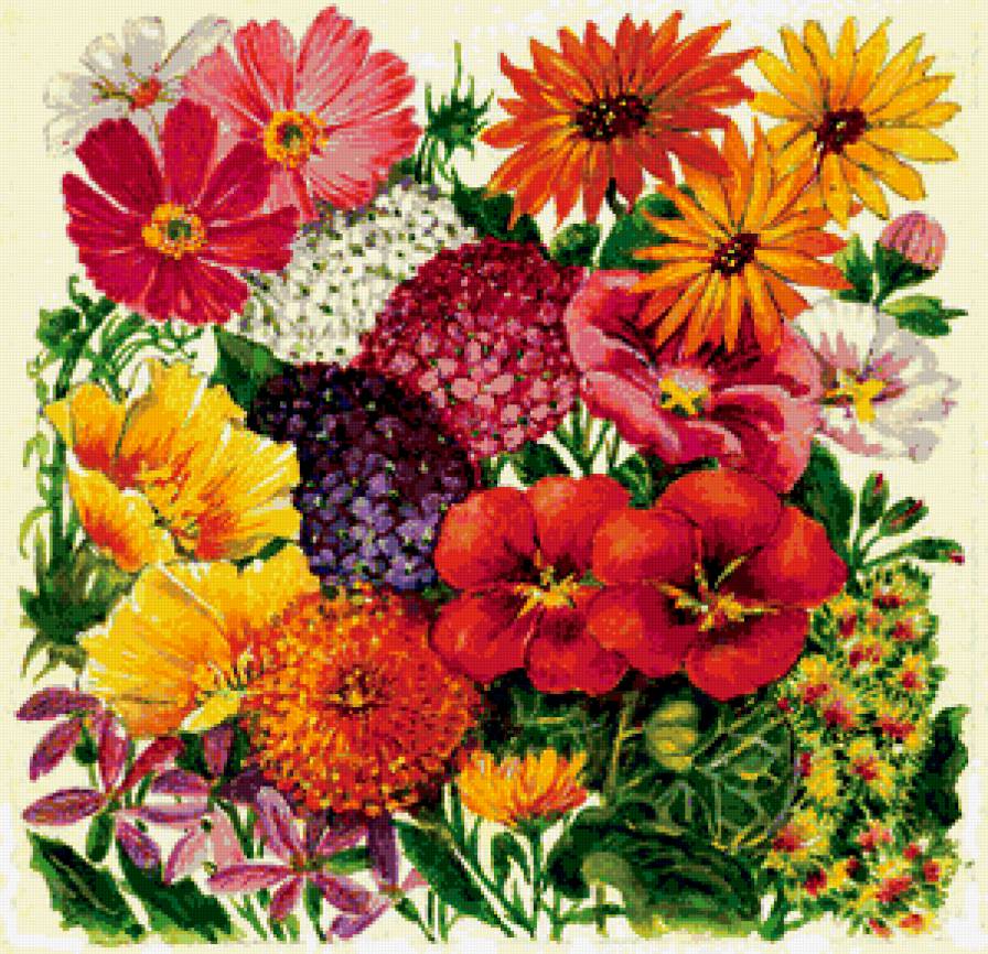 Цветочная клумба - цветы, живопись - предпросмотр