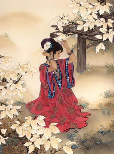 восточная красавица - китайская живопись, китай, девушка, картина, природа, птицы - оригинал