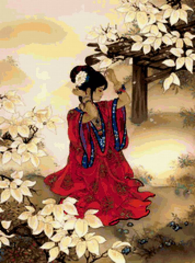 восточная красавица - китайская живопись, девушка, картина, природа, птицы, китай - предпросмотр