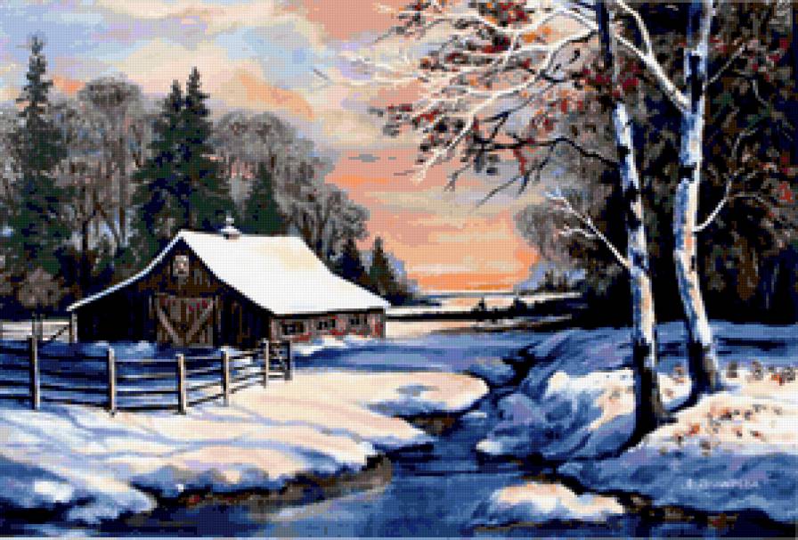 Зимний пейзаж - зимняя сказка, зима, дом, пейзаж, лес, иней, природа, река, снег - предпросмотр