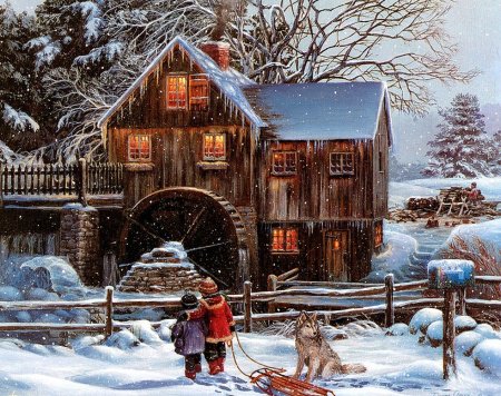 Рождество - пейзаж, рождество, дети, снег, зимняя картина, зима, санки - оригинал