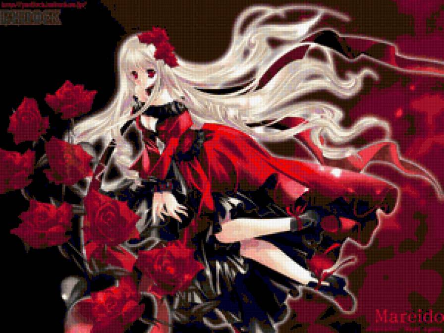 девушка в красном с розами - аниме, девушка, розы - предпросмотр