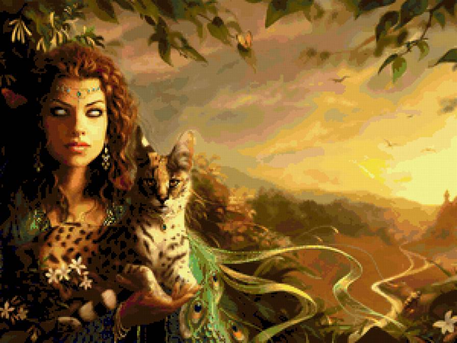 колдунья с хищной кошкой - женщина, леопард - предпросмотр