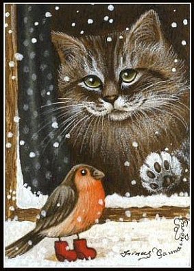 Кот и снегирь - живопись, птицы, коты, животные - оригинал