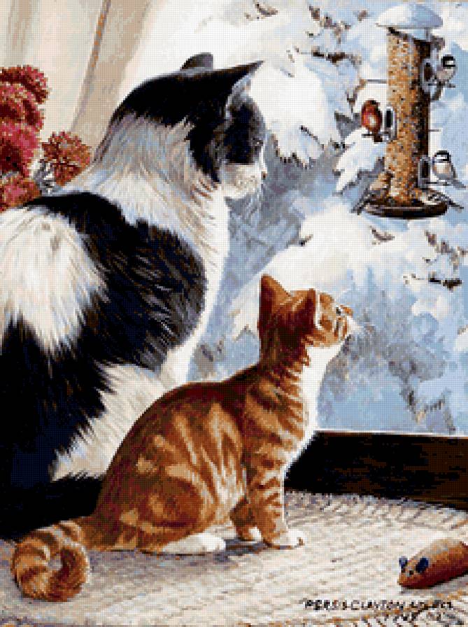 Кошки у окошка - окно, животные, картина, кошки, зима - предпросмотр