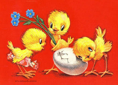 Пасхальная открытка - открытка, цыплята, птичк, птицы, яичко, цыпленок, пасха, цветы, васильки - оригинал
