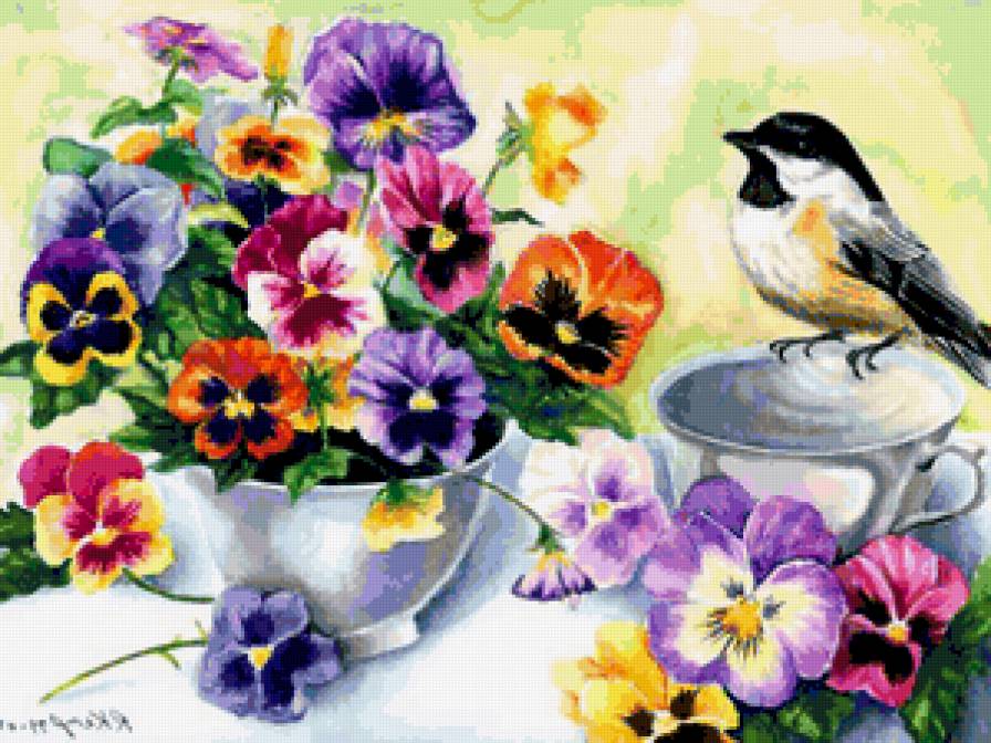 Анютины глазки - птичка, цветы, анютины глазки, красота, букет, чашечка, чашка, цветочки - предпросмотр