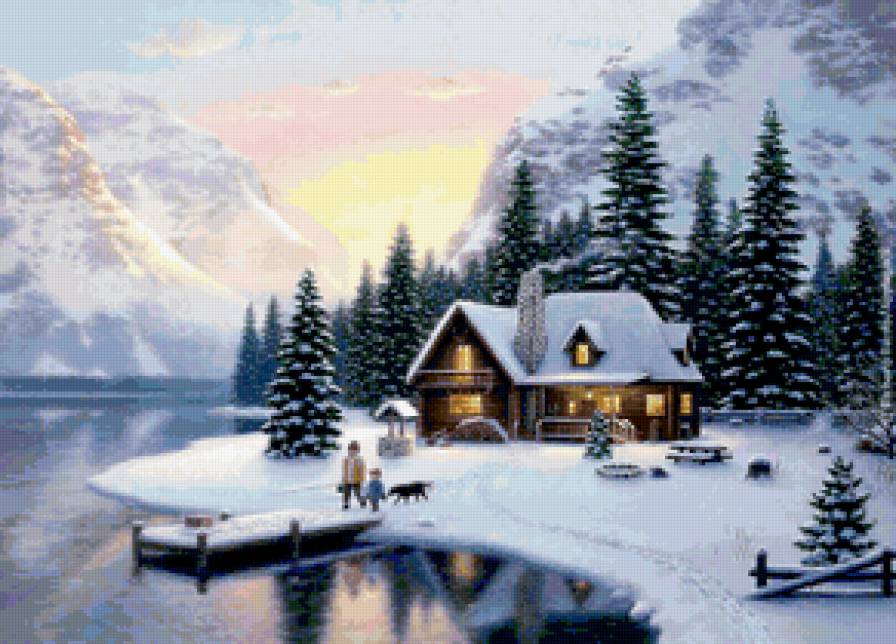доми зимой - елки, картина, руовы, зима, пейзаж, горы, рождество, сосны, дом - предпросмотр