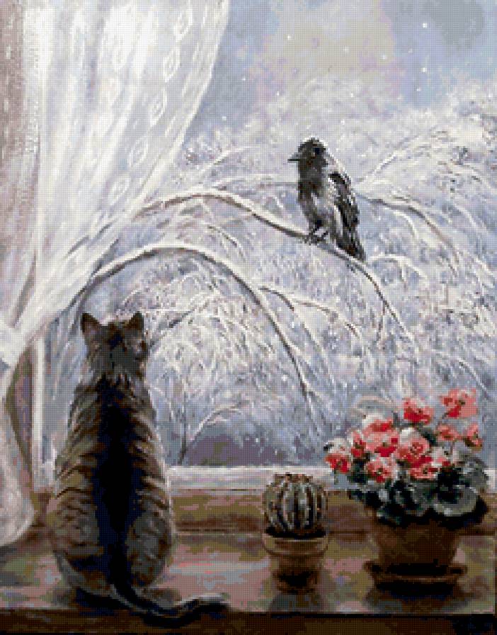 №189915 - животные, окно, кошки, картина, зима - предпросмотр