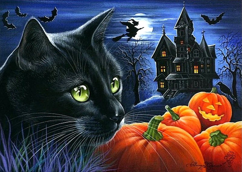 Кошечки И.Гармашовой - хэллоуин, кошки, животные, луна, ночь - оригинал