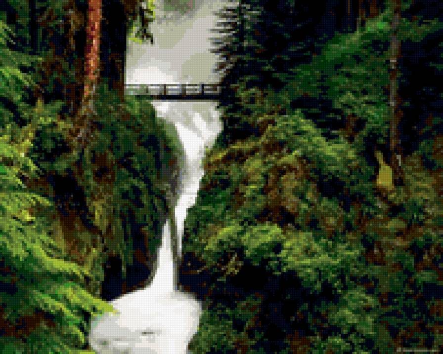 водопад в лесу - водопад, лес, деревья, мост - предпросмотр
