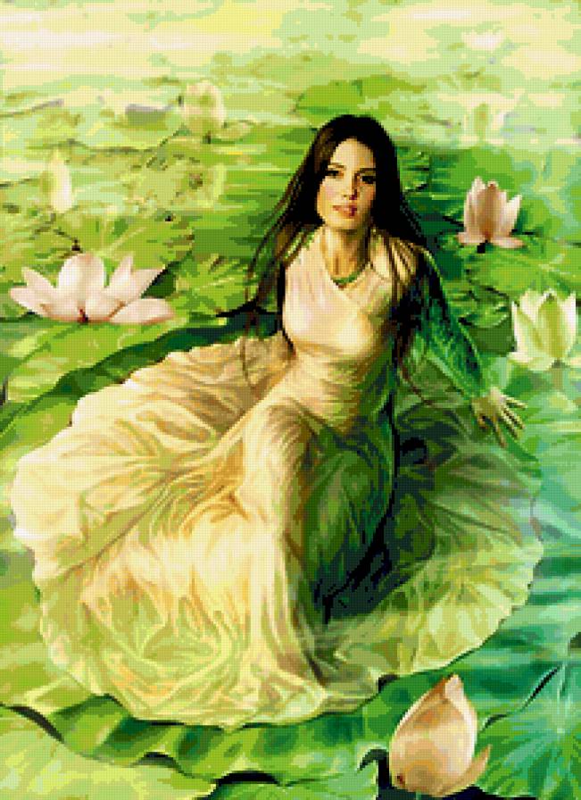 Девушка - озеро, картина, лилии, вода, цветы, природа, девушка - предпросмотр