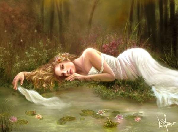 Девушка на берегу - девушка, картина, лес, природа, озеро - оригинал