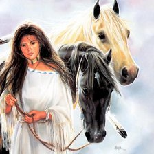 Оригинал схемы вышивки «Девушка и лошади.» (№190937)