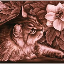Оригинал схемы вышивки «Кот и цветы» (№191040)
