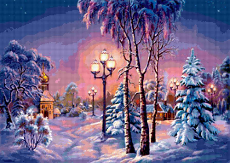 зимняя ночь - ночь, зима, река, картина, природа, живопись - предпросмотр