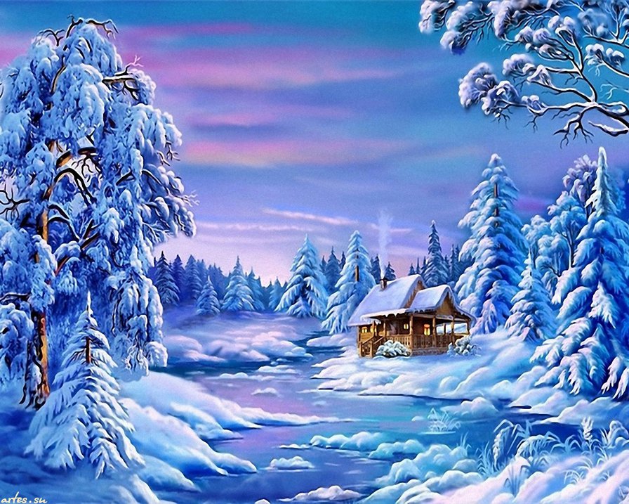 Зима - избушка, лес, снег, зима, домик - оригинал
