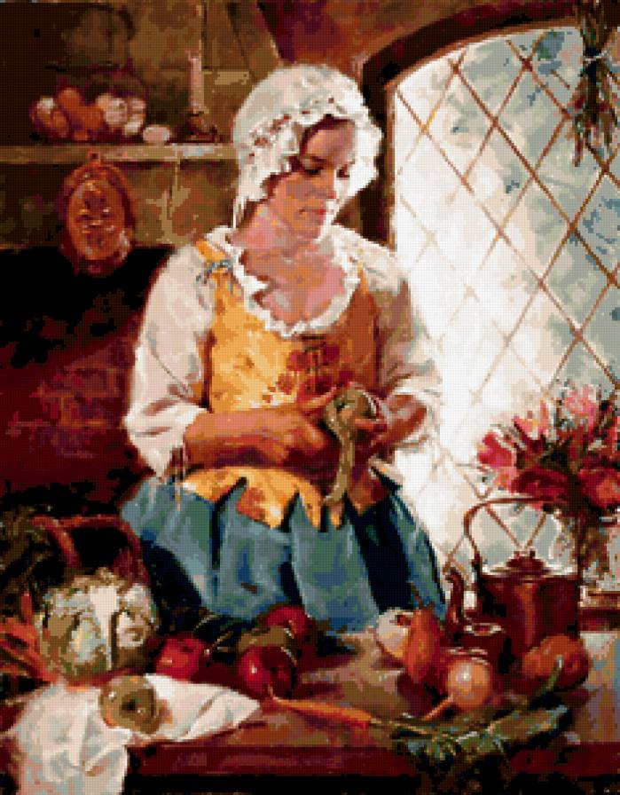 Французская кухня - женщина, овощи, кухня, кухарка, живопись, искусство - предпросмотр