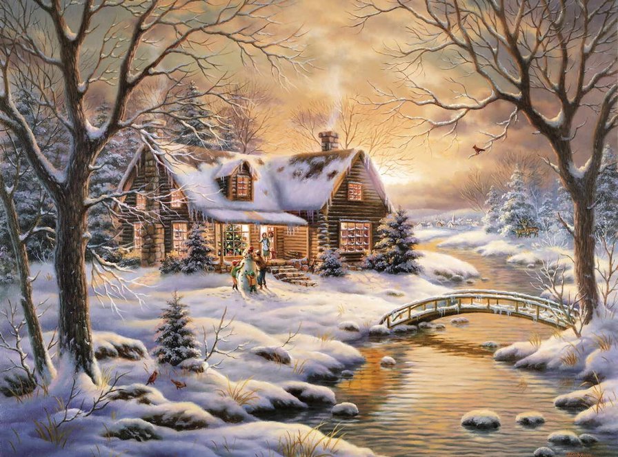 Змний вечер - рождество, зима, дом, снег, лес - оригинал
