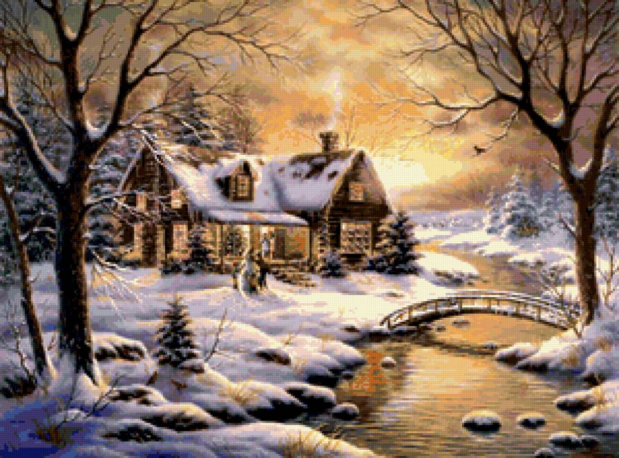 Змний вечер - рождество, дом, лес, зима, снег - предпросмотр
