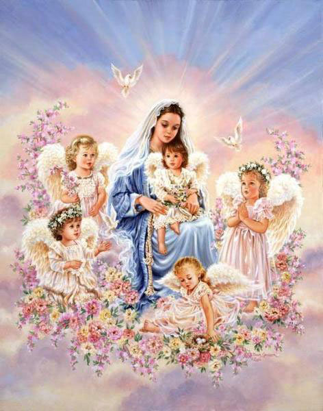 Дева Мария и ангелочки - святые, иконы, ангелочки, религия - оригинал