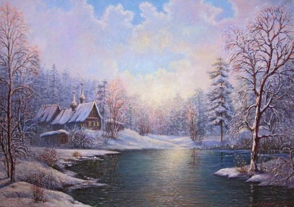 зимний пейзаж - река, пейзаж, зима, небо, отражение, снег - оригинал