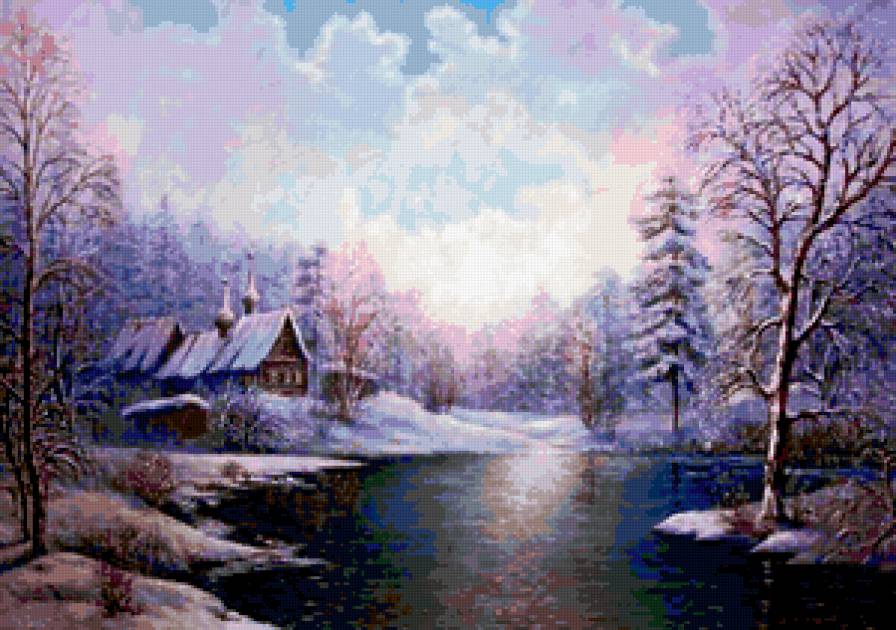 зимний пейзаж - река, отражение, зима, пейзаж, небо, снег - предпросмотр